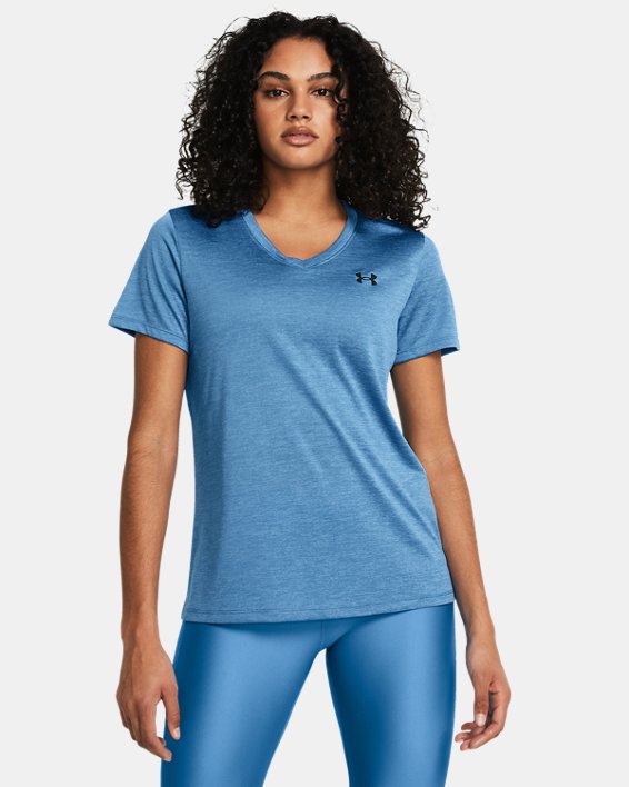 女士UA Tech™ Twist V領短袖T恤 in Blue image number 0